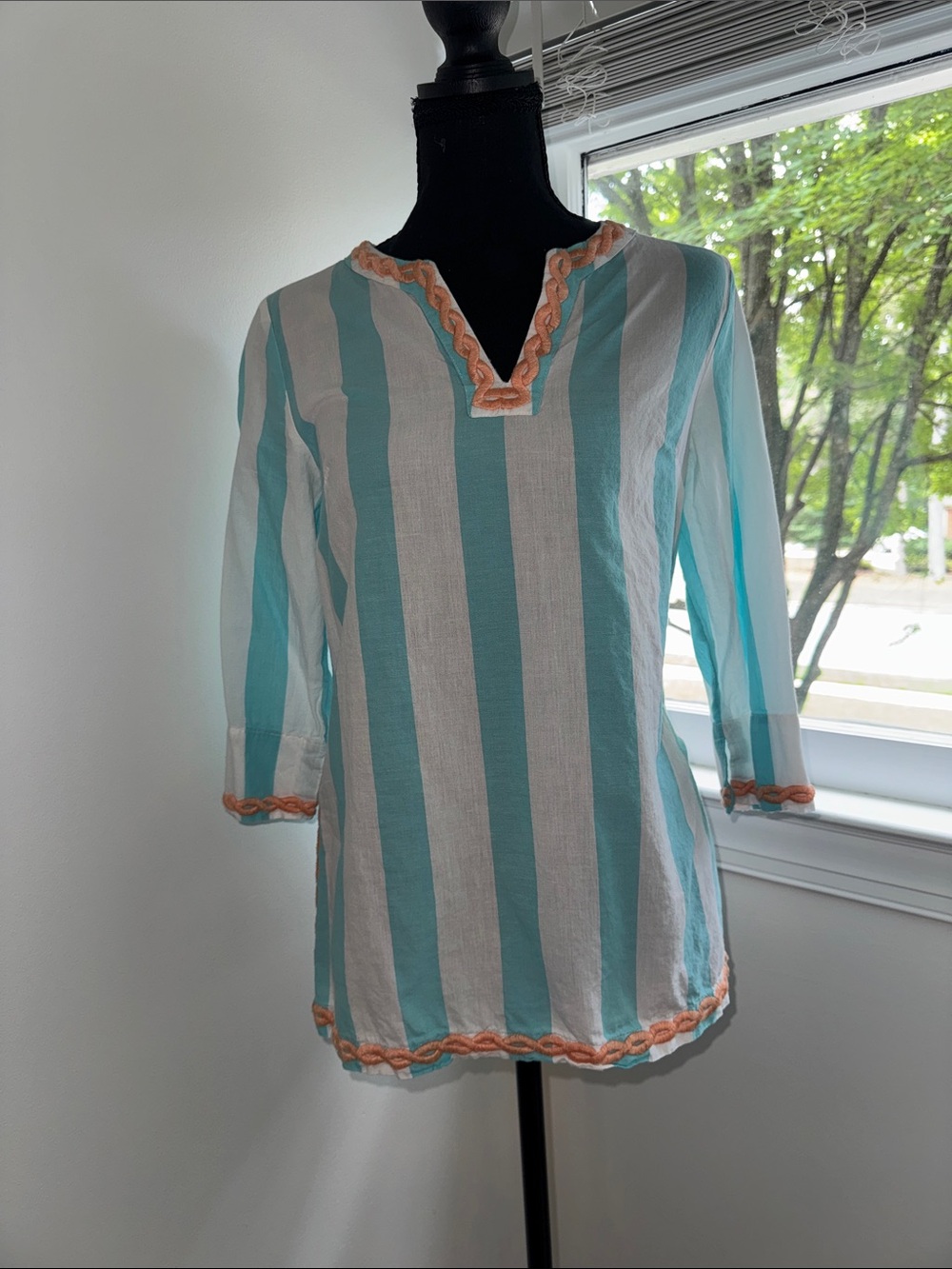 crown & ivy Aqua and White Striped Tunic with Coral Trim
